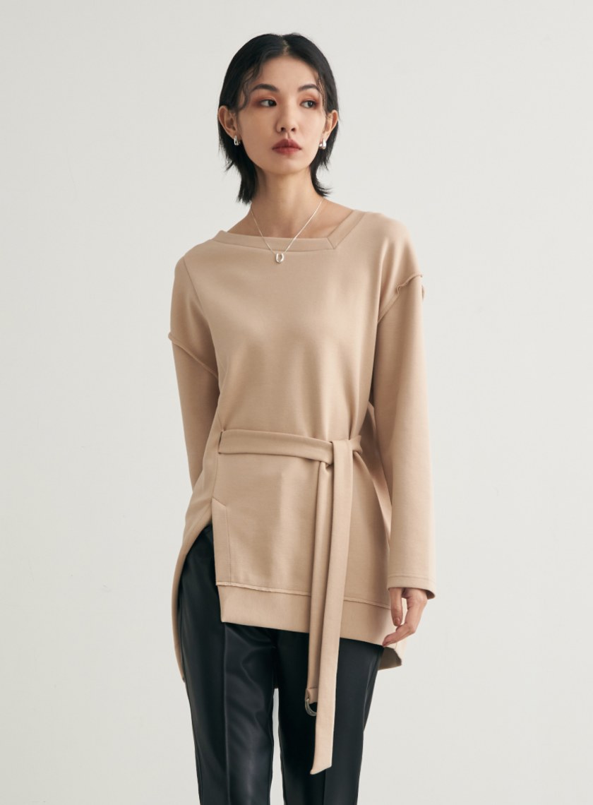 不規則剪裁腰帶長版衛衣